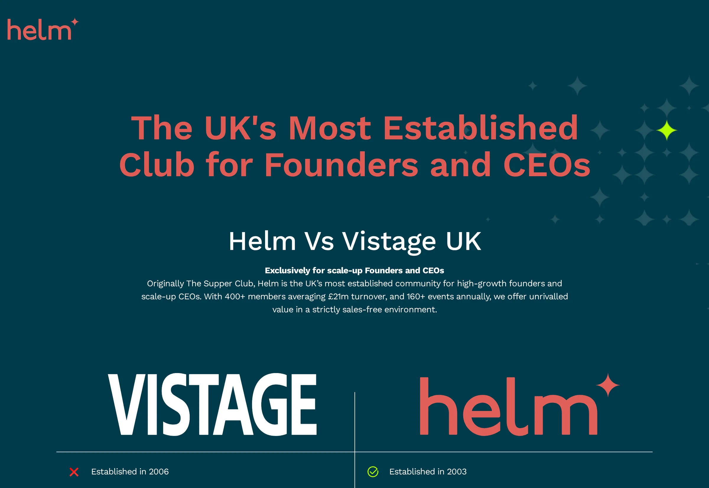 Helm Club comparison page, Helm against Vistage