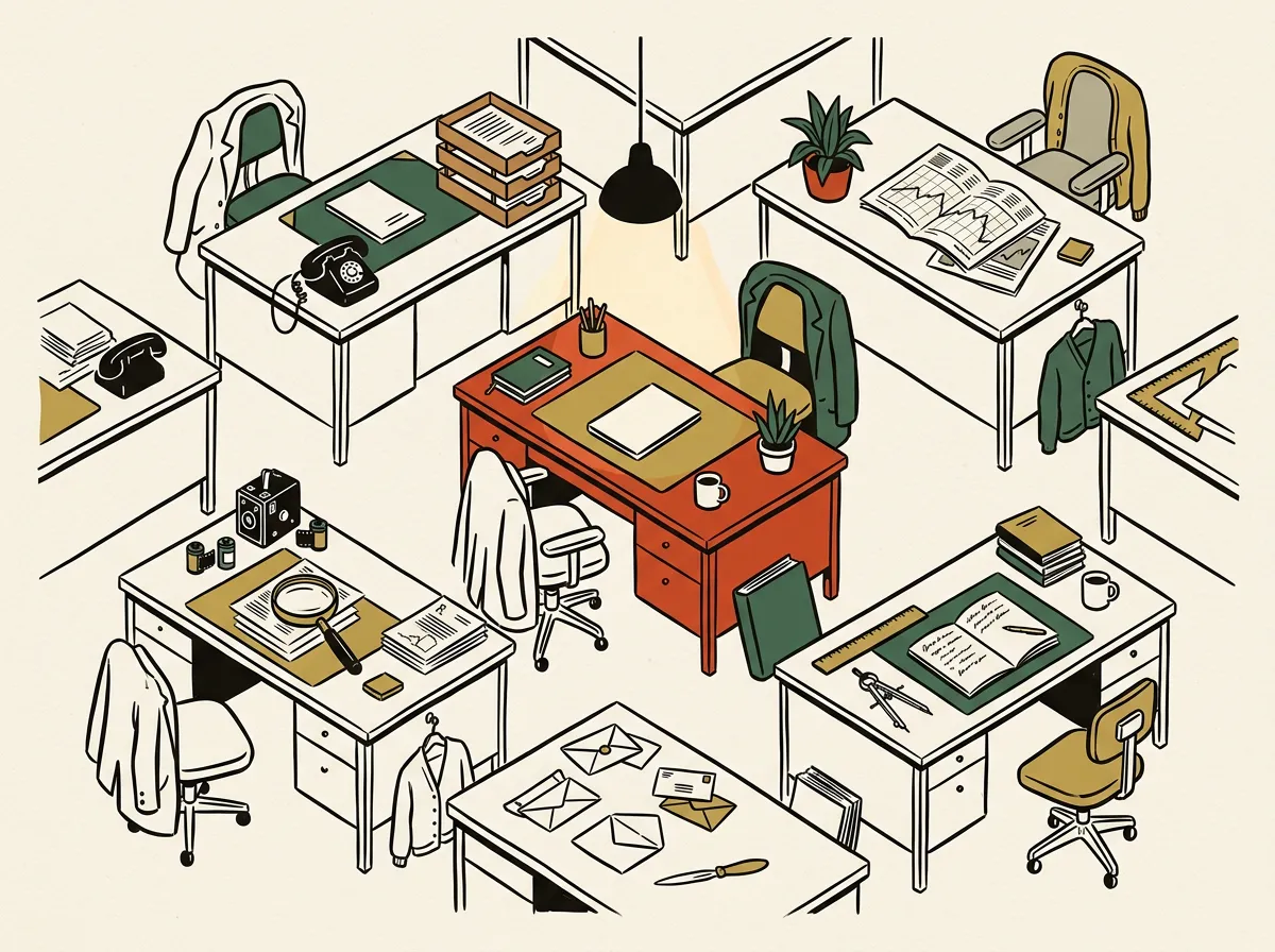 A small orderly office floor viewed from above, seven desks arranged as a working newsroom.