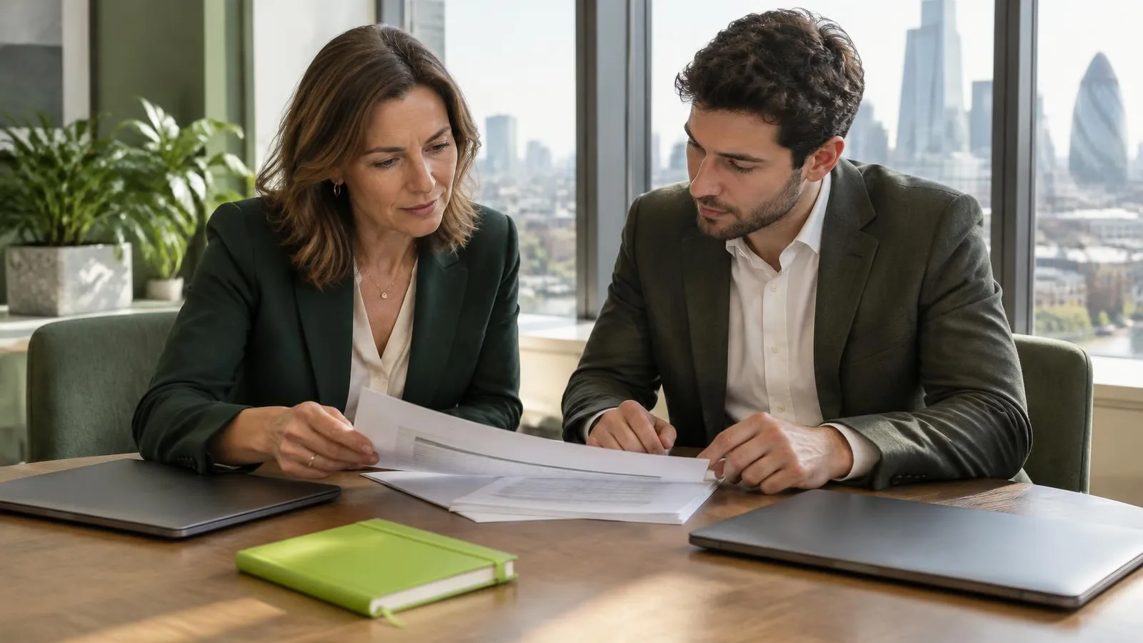 A finance director in her forties and a compliance lead in his thirties comparing a printed supplier shortlist at a meeting table in a bright London office, laptops closed, a lime-green notebook beside them, morning light through tall windows.
