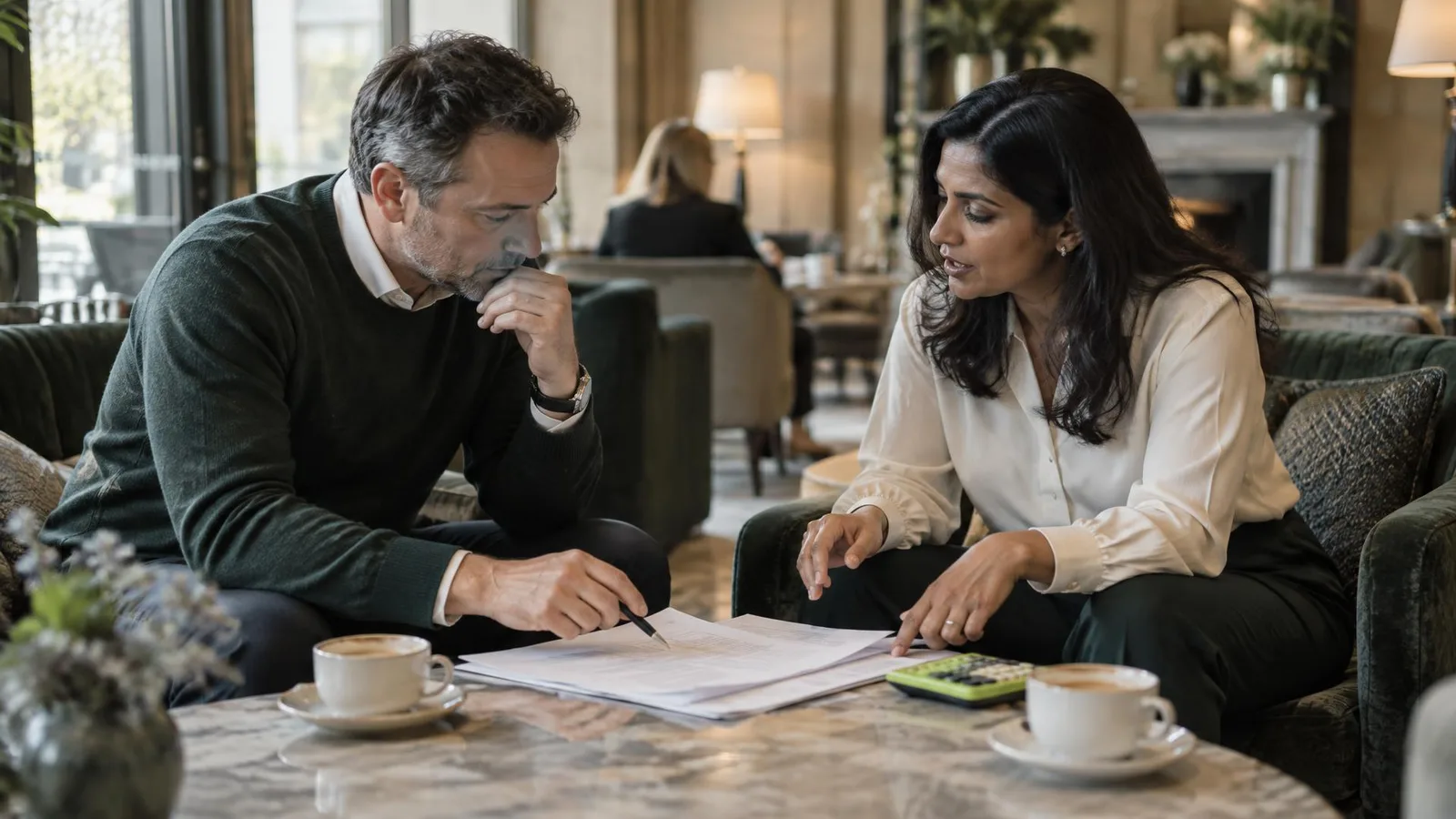 A managing director and a finance director in a quiet corner of a hotel lounge, a printed budget between them and a lime-green calculator beside two coffee cups, mid-conversation, soft morning light.