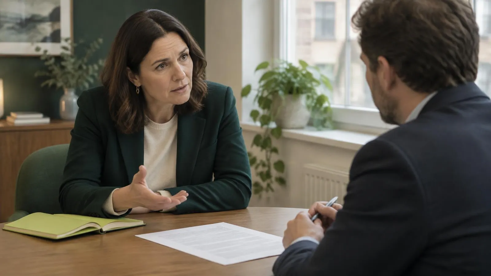 A founder in her forties questioning an agency representative across a small meeting table in a UK office, a printed contract between them, a lime-green notebook open by her hand, natural afternoon light.