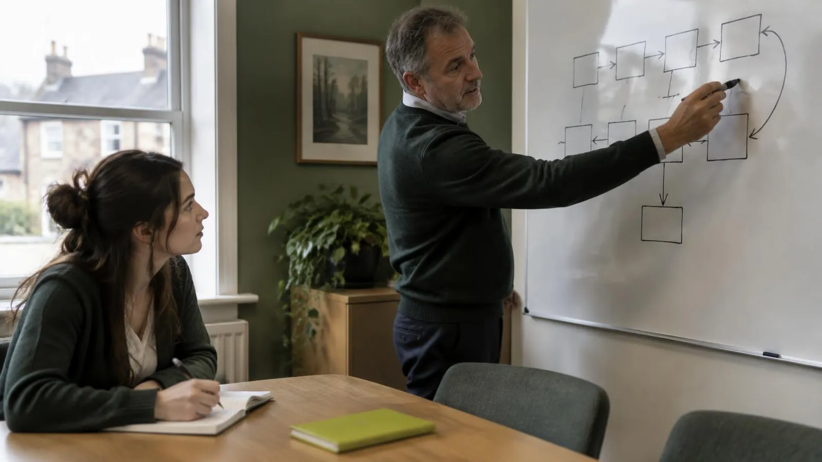 A founder in his fifties sketching a sales process on a whiteboard in a small UK office meeting room while a newly hired saleswoman in her twenties takes notes, a lime-green notebook on the table, natural window light.