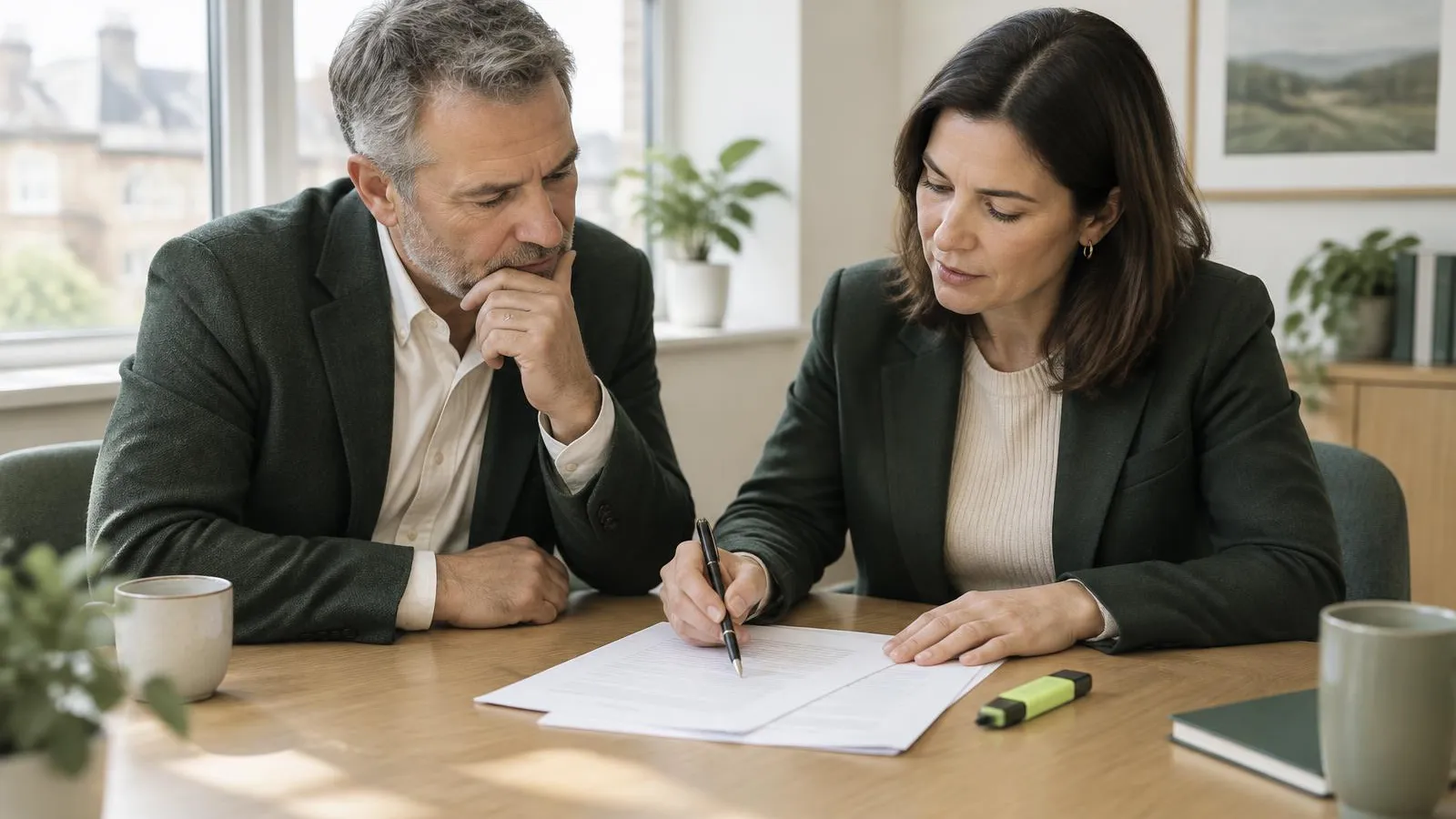 A founder in his fifties and a compliance manager in her forties reviewing a printed email draft together at a meeting table in a bright UK office, a pen marking the page, a lime-green highlighter beside the papers, soft morning light.