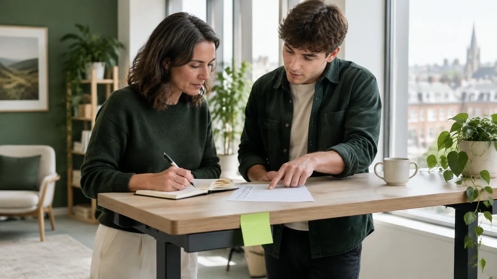 A founder in her forties and a web developer in his twenties at a standing desk in a bright UK office, the developer pointing at a printed checklist while the founder takes notes, a lime-green sticky note on the desk edge, natural daylight.