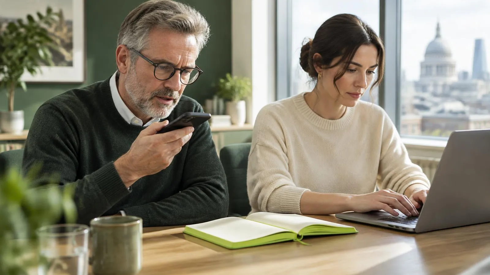 A founder in his fifties dictating notes into his phone while a content editor in her thirties types beside him at a meeting table in a bright London office, a lime-green notebook open between them, soft morning light.