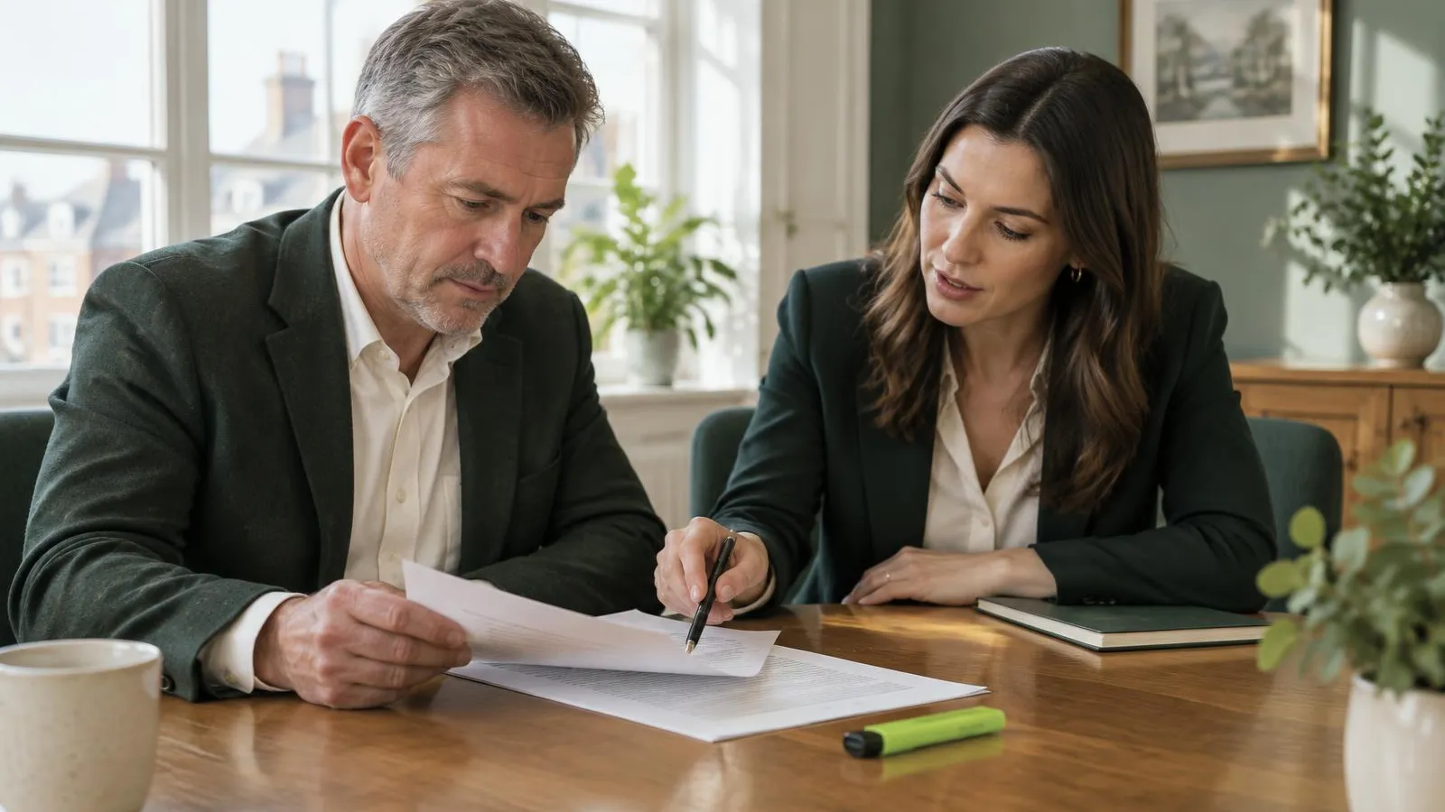 A founder in his fifties reading a printed agency contract at a meeting table in a bright UK office, a sales director in her thirties pointing to a clause with a pen, a lime-green highlighter on the table, soft morning light.