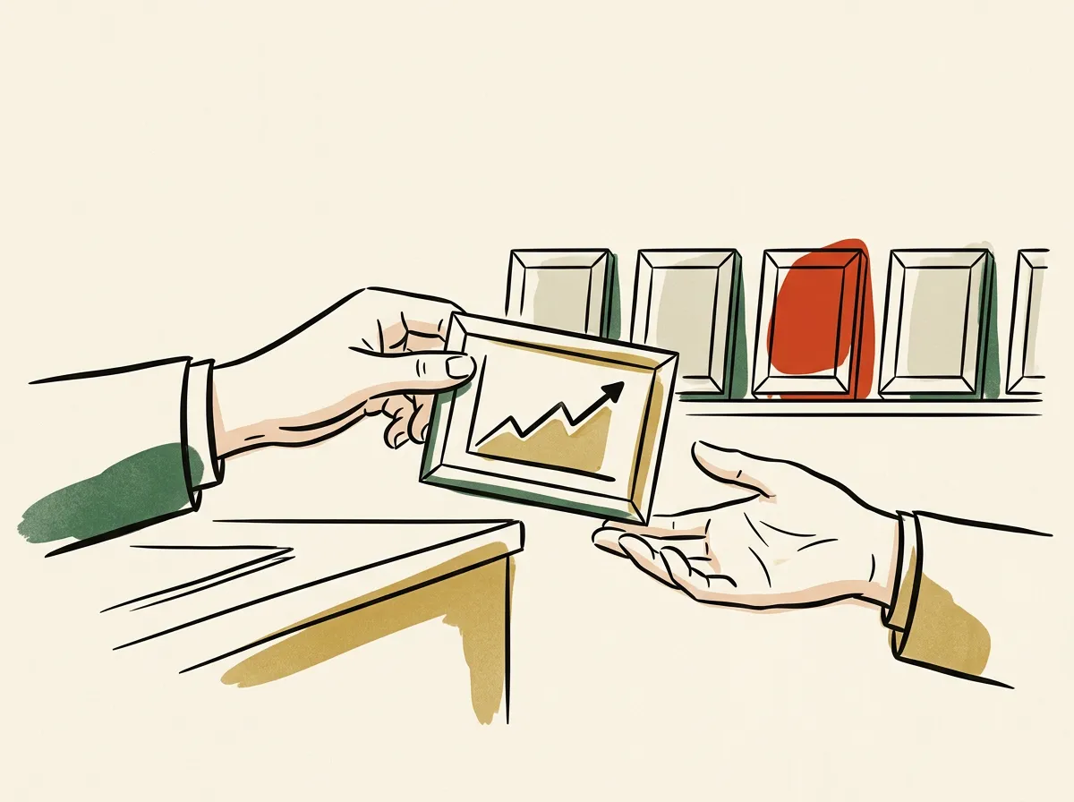 A framed rising chart being handed across a desk, more frames waiting.