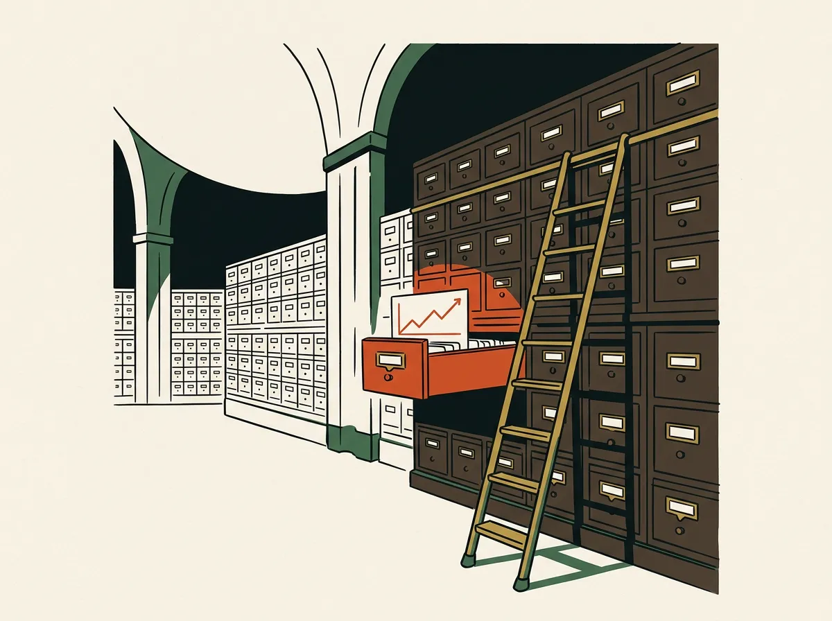 An archive hall of card-index drawers, one open and glowing with a rising chart.