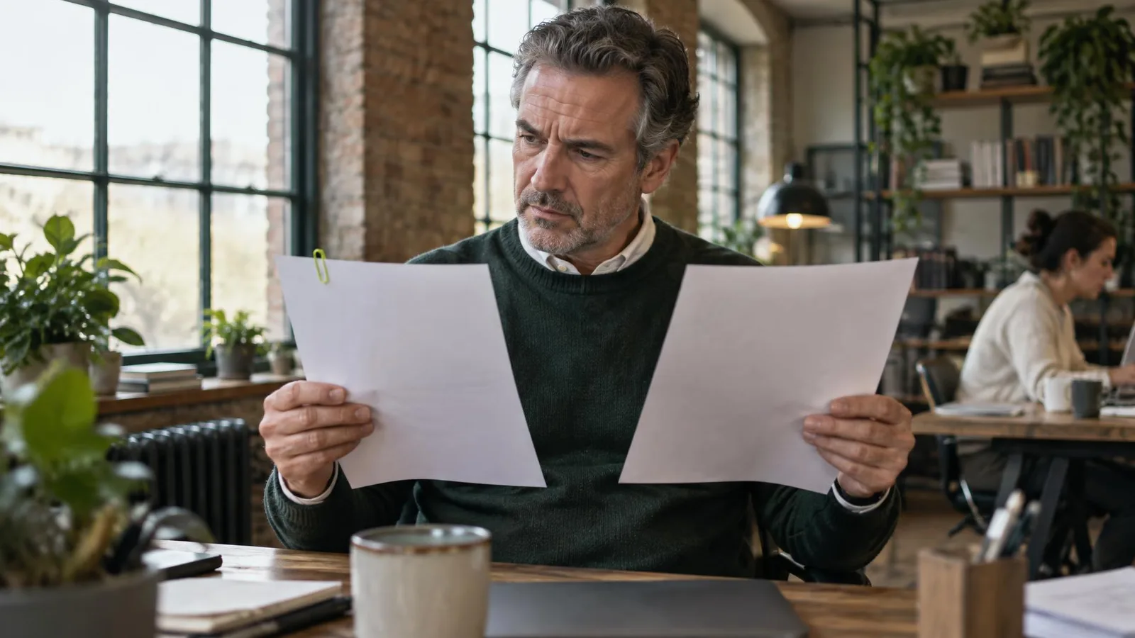 A founder in his fifties in a converted mill office holding up two almost identical printed homepages side by side, frowning at how alike they look, a lime-green paperclip on one, soft side light.