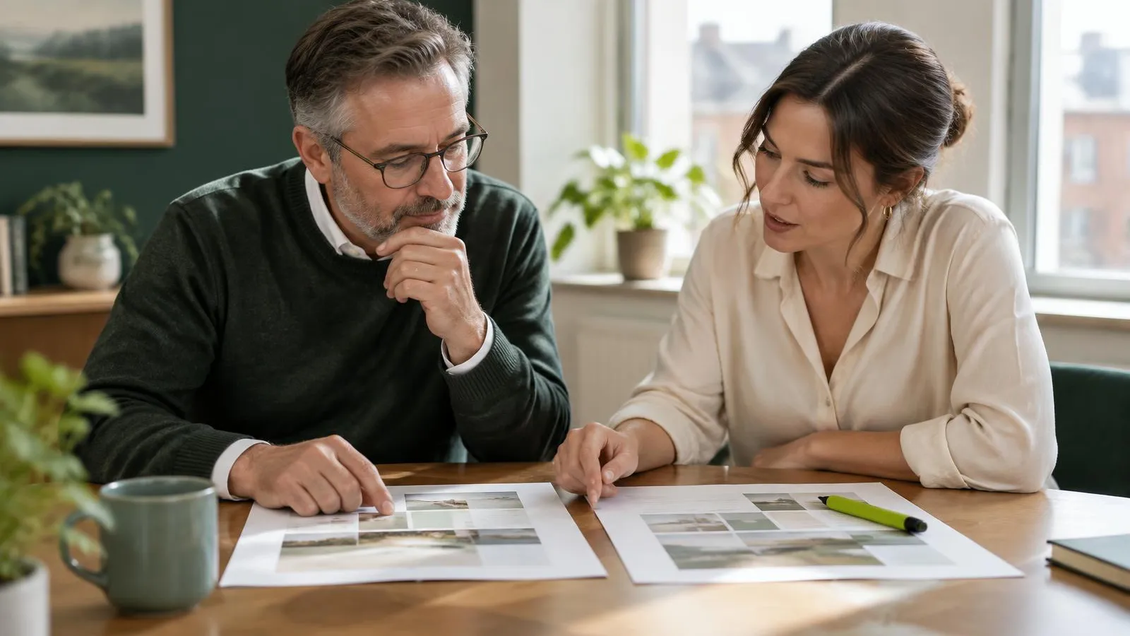A founder in his fifties and a marketing lead in her thirties at a meeting table in a bright UK office, comparing two printed agency proposals side by side, a lime-green highlighter resting on one page, soft morning light.