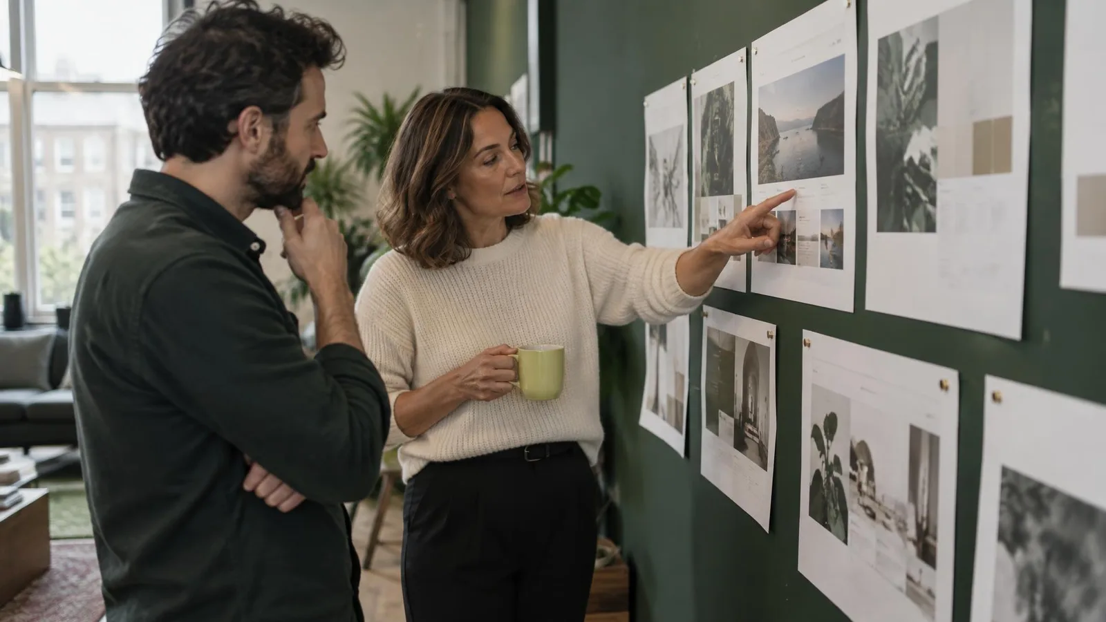 A managing director in her forties walking a colleague in his thirties through printed homepage layouts pinned to a forest-green wall, a lime-green coffee cup in her hand, soft natural light.