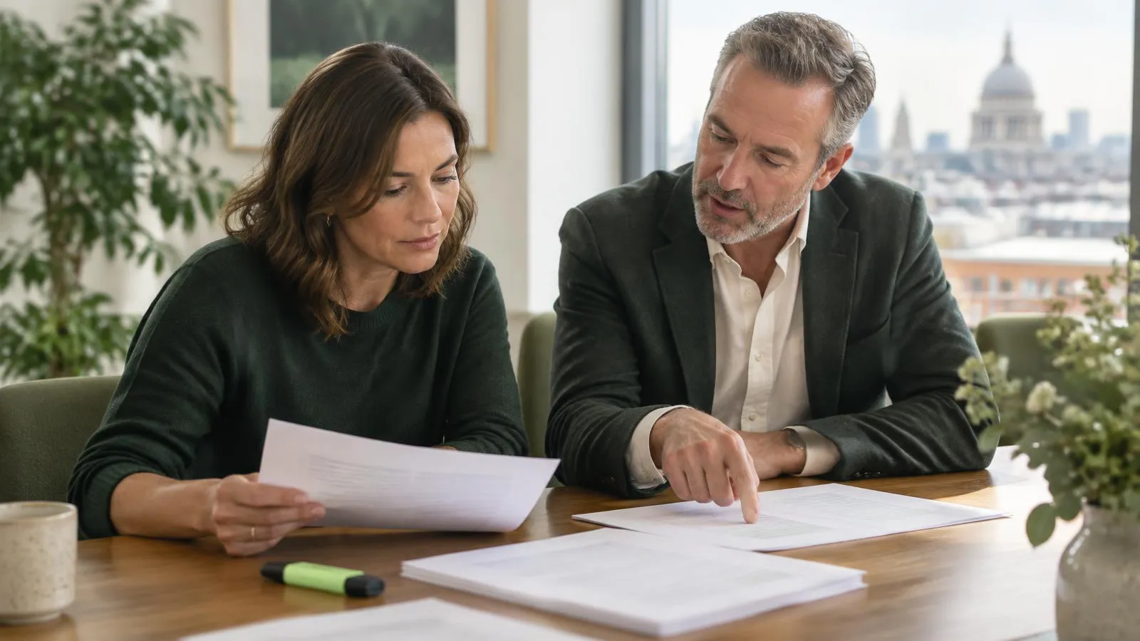 An operations director in her forties reading client feedback printouts at a meeting table in a bright London office, a founder in his fifties beside her pointing to one page, a lime-green highlighter on the table, soft morning light.