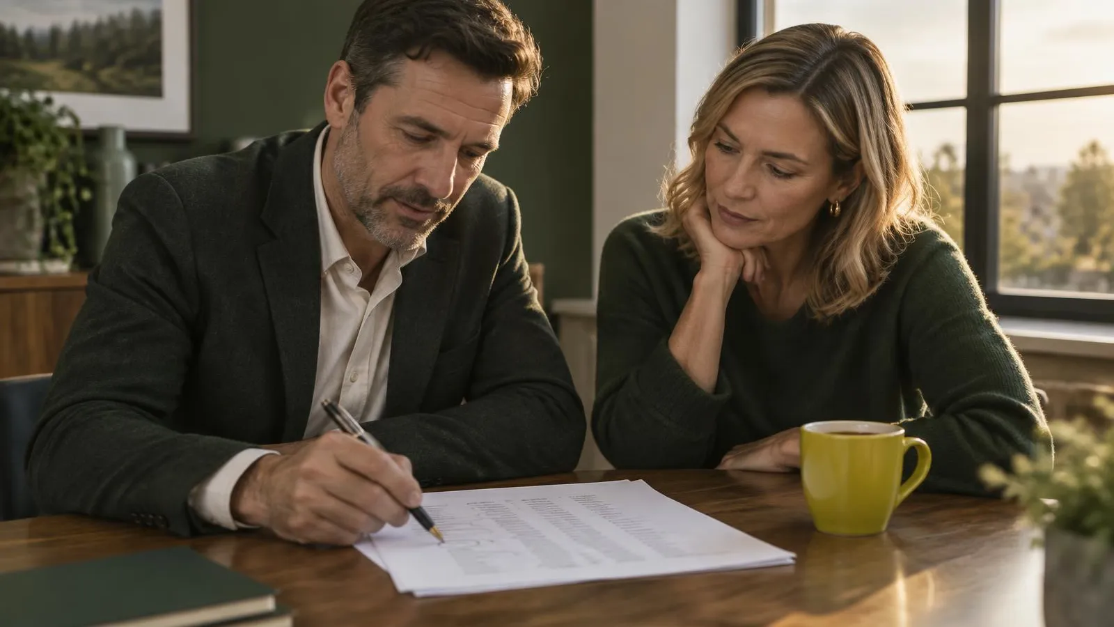Two partners of a small UK consultancy in their forties reviewing a list of past clients on paper at a meeting table, one circling names with a pen, a lime-green coffee cup beside the papers, late afternoon light through the window.