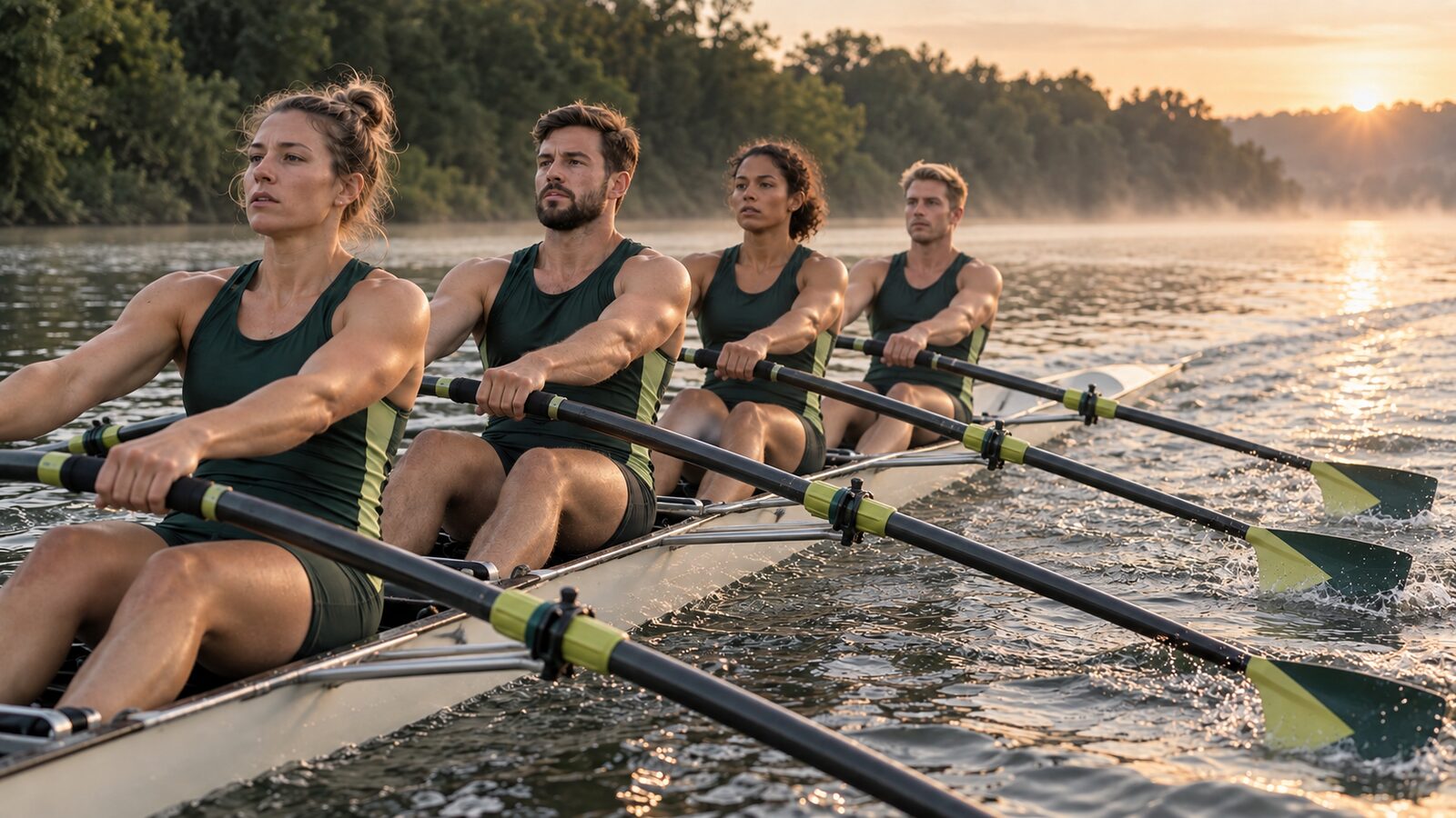 A four person rowing crew coming towards the camera
