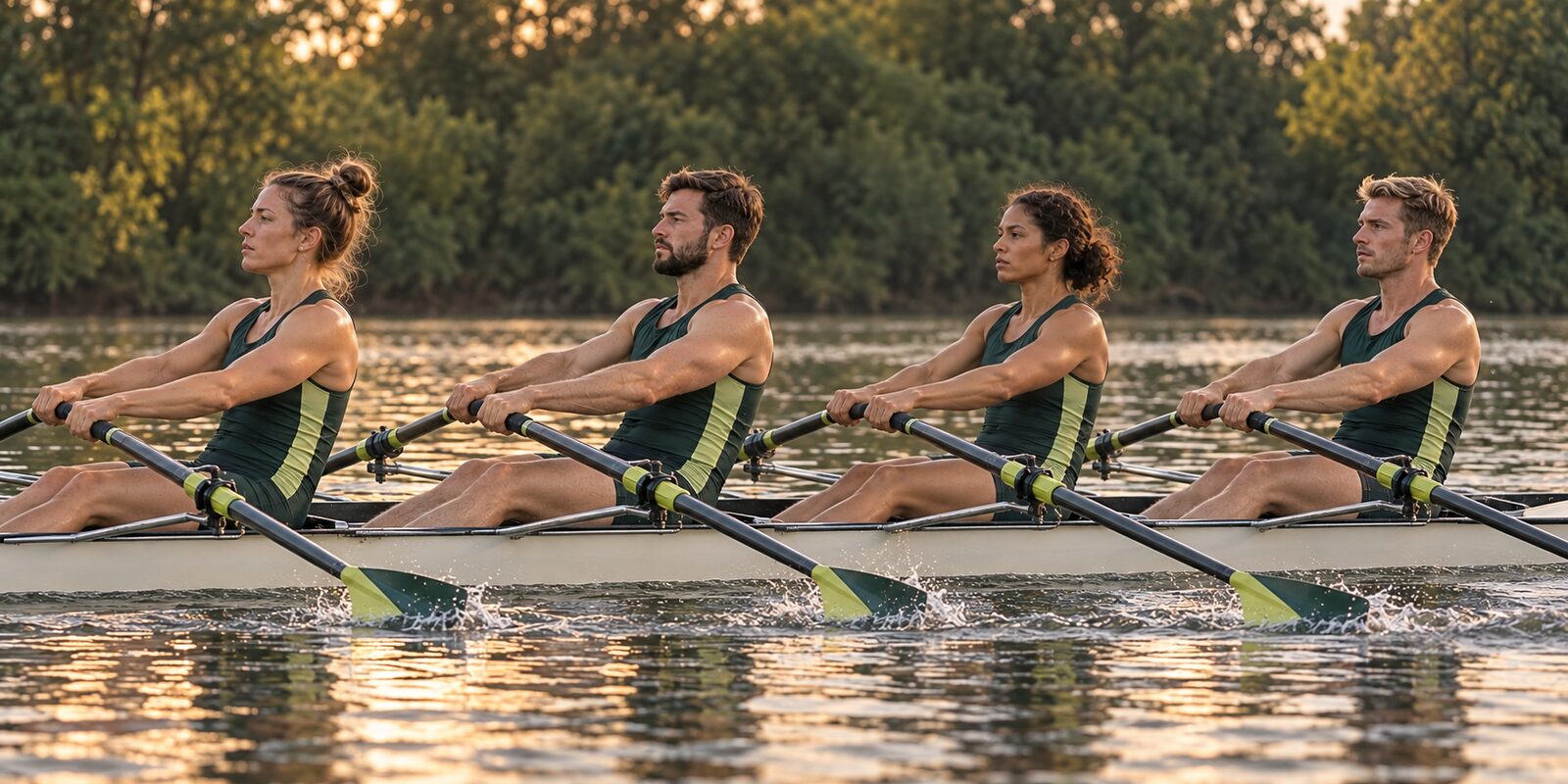 A four person rowing crew in profile at dawn