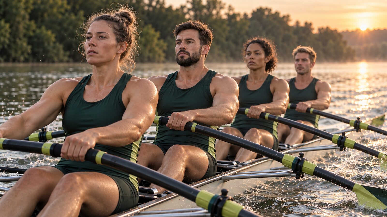 A rowing crew mid-stroke, close up