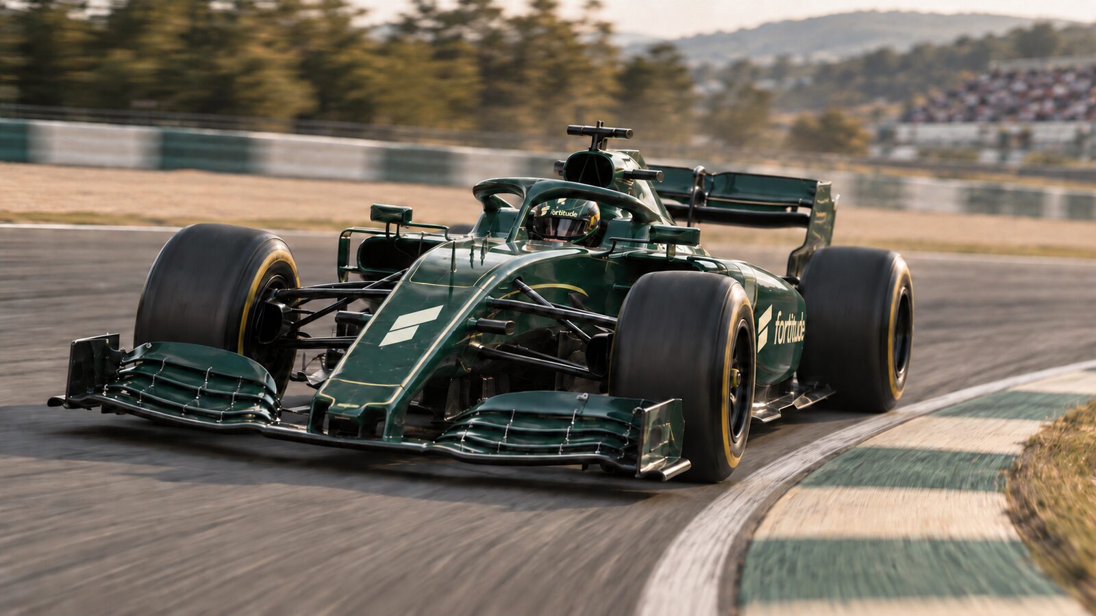 A racing car at speed on track, its nose marked with an F