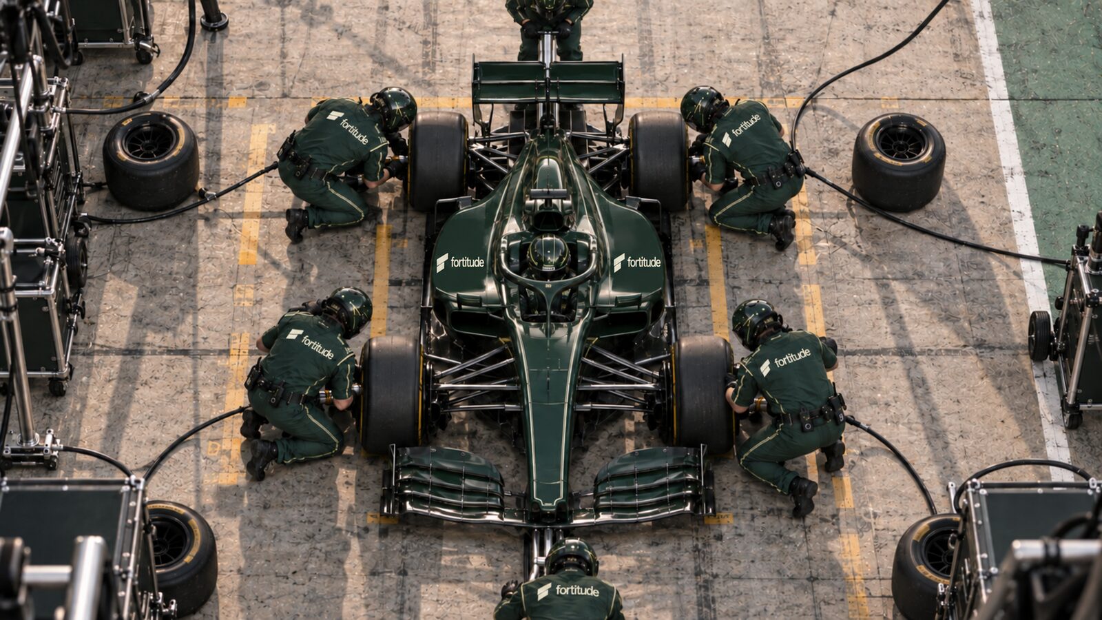 A pit crew working on all four corners of the car at once, seen from above