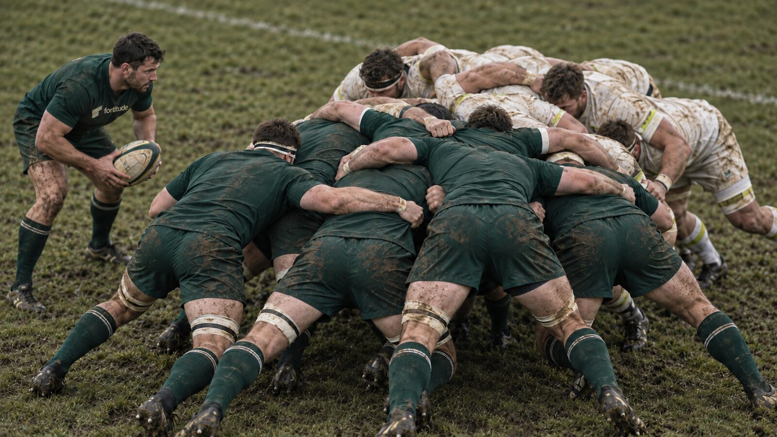 A rugby pack in green shirts bound together in a scrum, seen from above