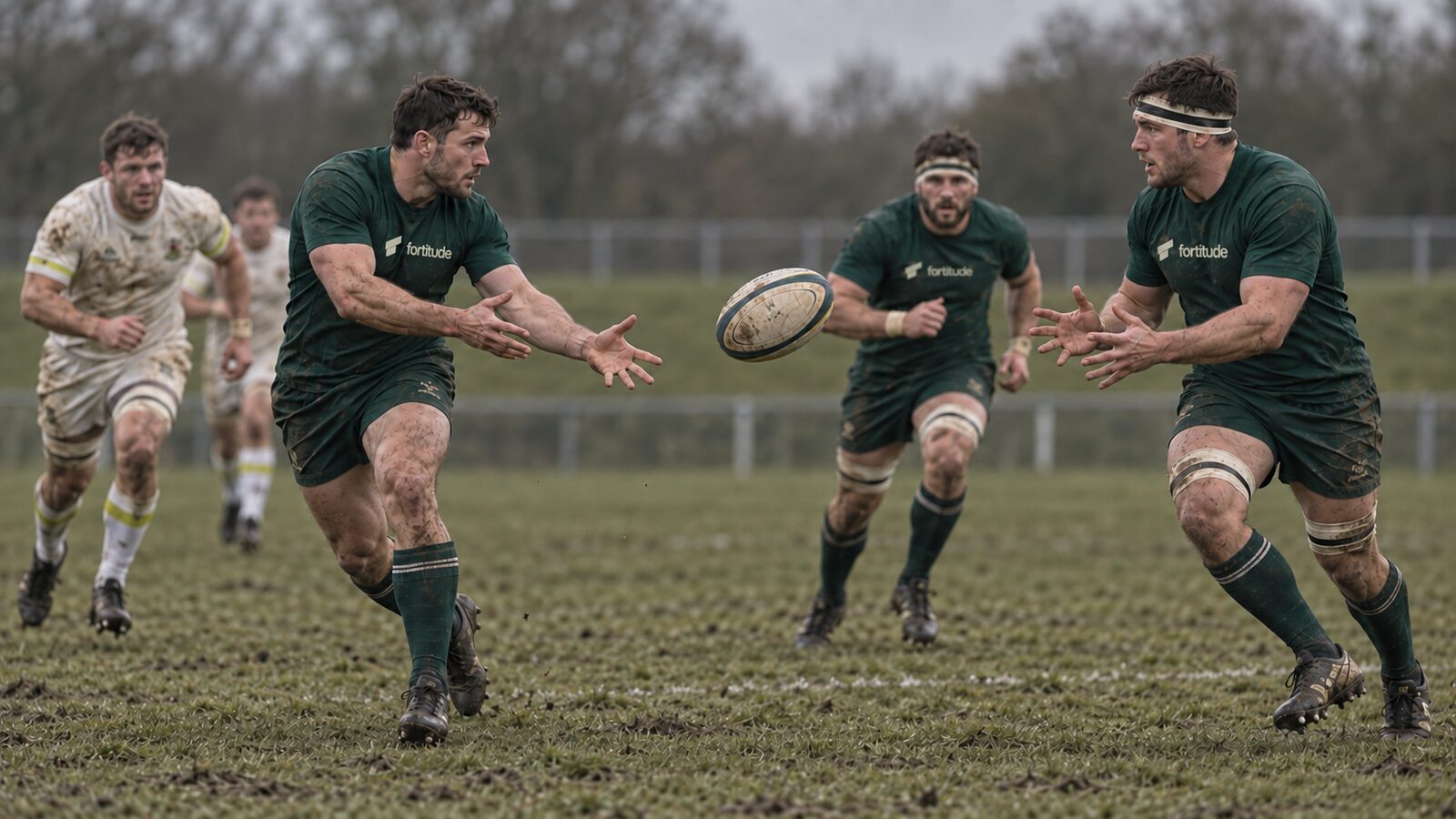 Rugby players in Fortitude kit moving the ball along the line