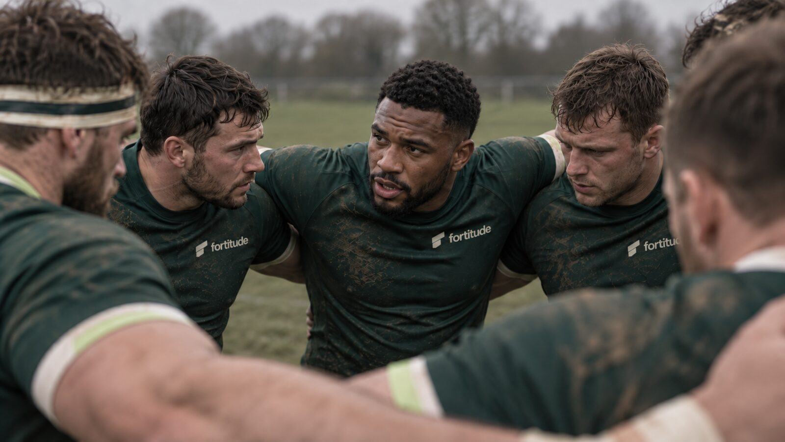 A rugby team in Fortitude kit gathered in a huddle