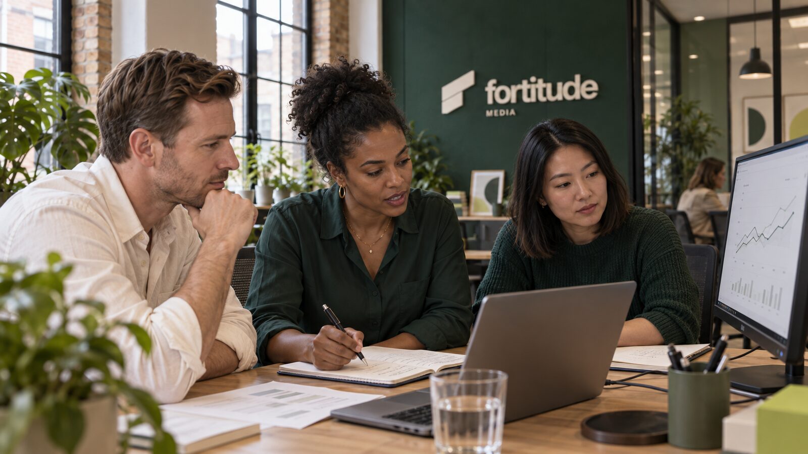 Three people reviewing figures together at a desk