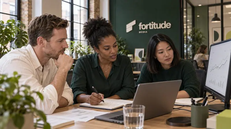 Three people reviewing a growth chart together