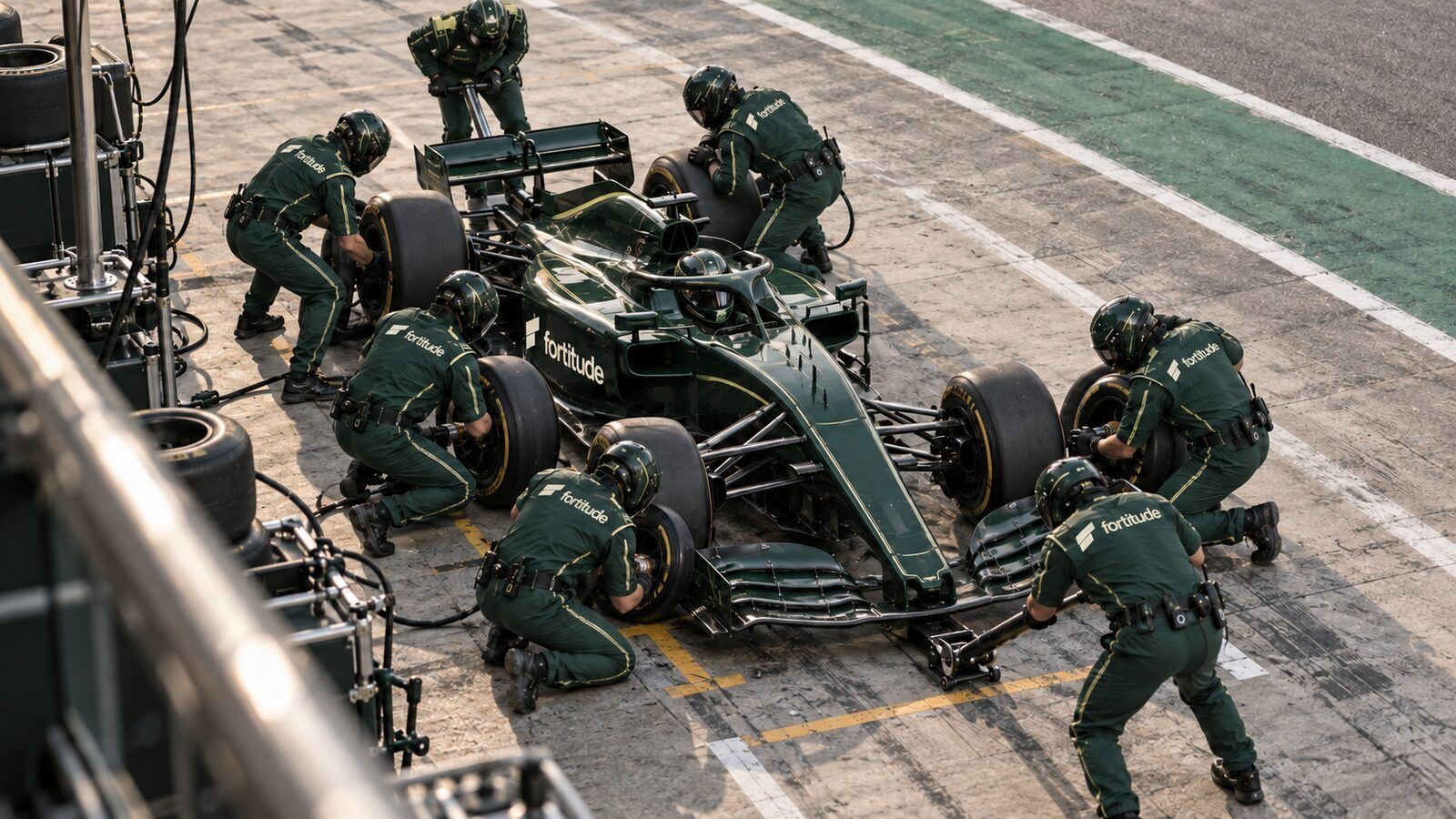 A racing pit crew working on every corner of the car at once