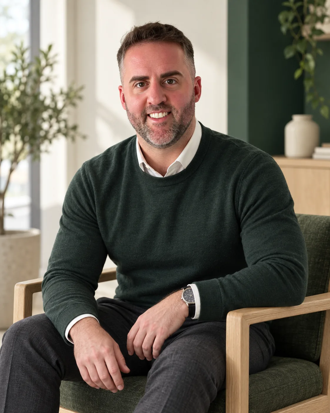 David Adams seated in the Fortitude studio